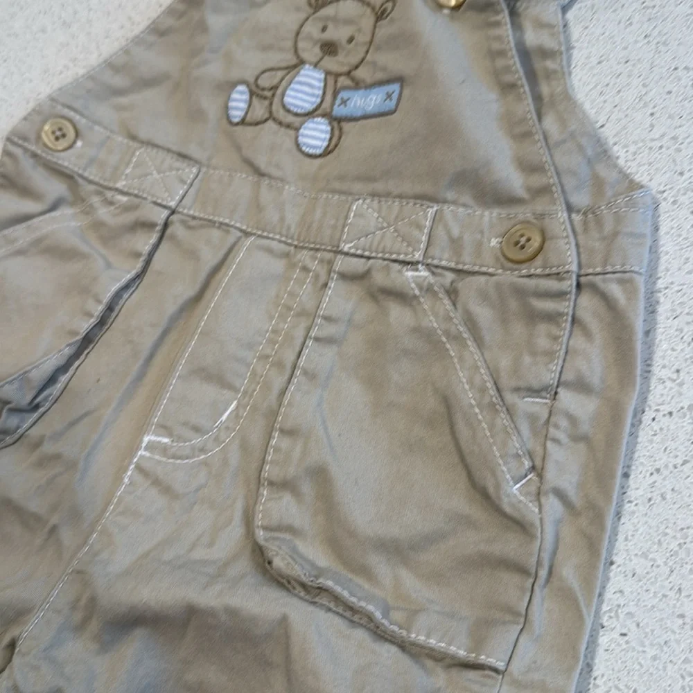Carter's Tan Overalls with Bear Patch khaki, and baby blue size 3 months